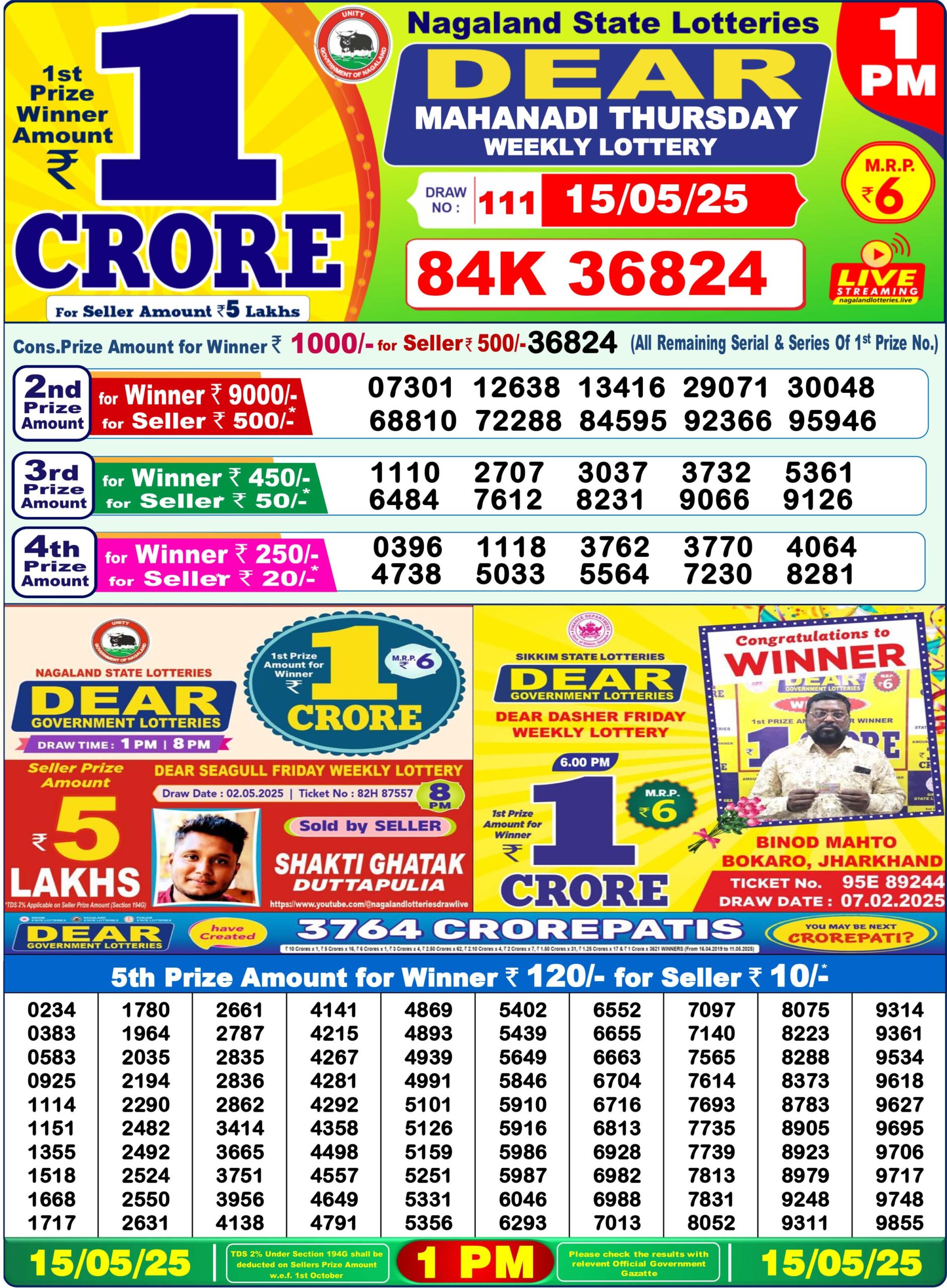 Nagaland State Lottery 1:00 PM Today Result - Detailed info on winning numbers, ticket names, prizes and past results. Nagaland State Lottery 1:00PM Today Result